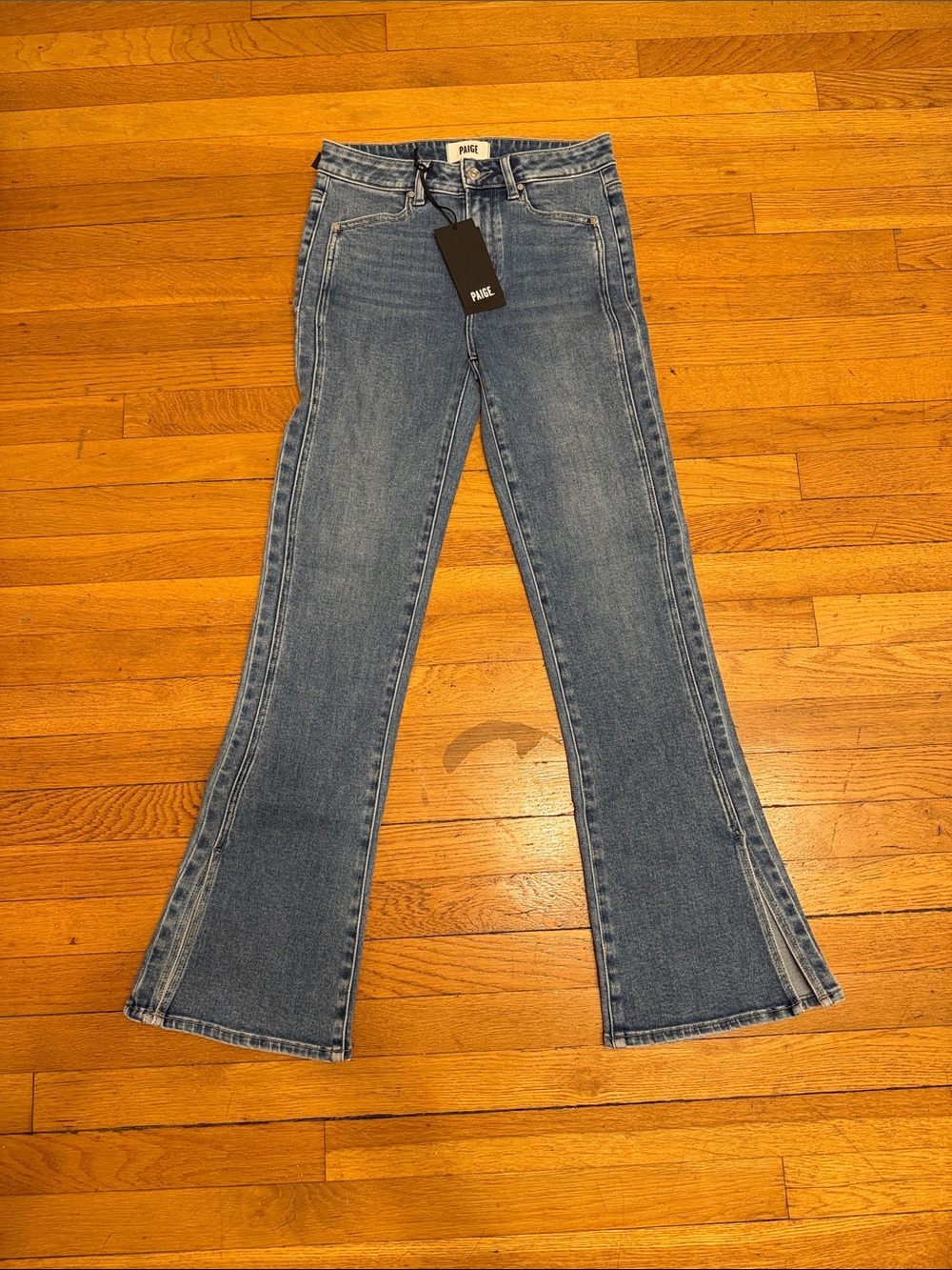 PAIGE Laurel Canyon Medium Blue Flare Jeans with bottom split Tag Size 27 NWT